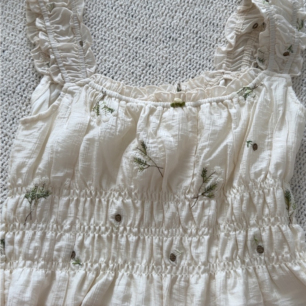 Misa Los Angeles Cream Blouse with Green Embroidery